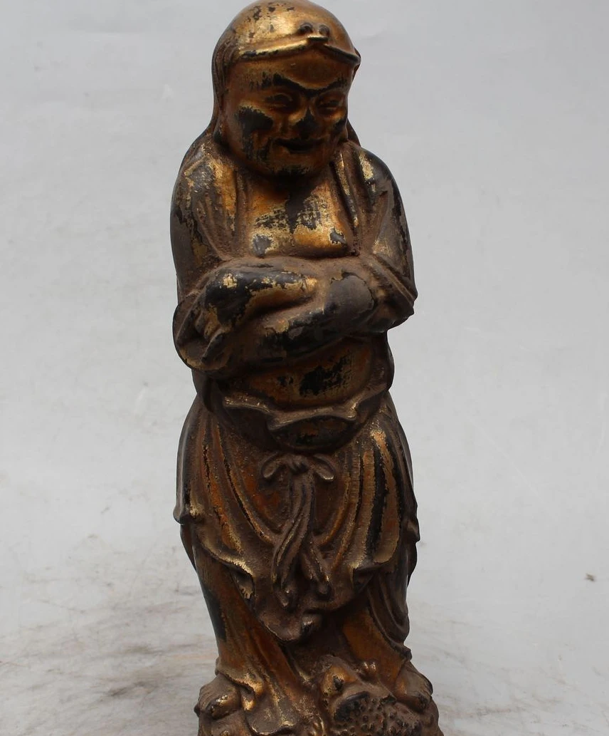 

11 China Wood carve Liu Hai God Play Golden Toad Spittor Wealth Statue Sculpture