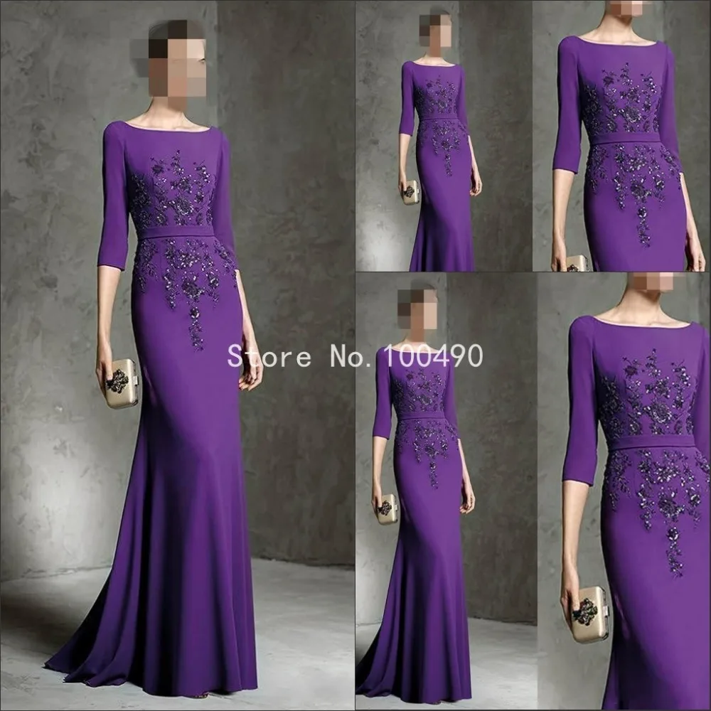 Mermaid Purple Evening Dress 3/4 Sleeve 2016 Formal Crystals Lace Appliques Cheap Mother Of The Bride Dresses Custom Made HH1268 | Свадьбы и