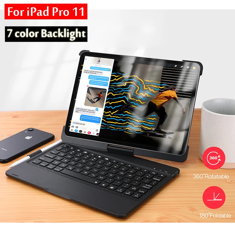 

Case For iPad Pro 11 2018 Case A1934 A1979 A1980 A2013 Rotatable 7 Colors Backlit Light Wireless Bluetooth Keyboard Cover + Gift