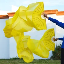 Высокие продажи натурального шелка покрывал 1 пара ручной работы женские качественные шелк танец живота танцевальный веер танец темно-желтый