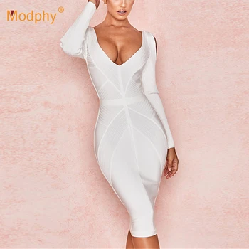 

2019 new summer white Bodycon bandage dress sexy women's long-sleeved openwork dress Vestidos club evening Party dress