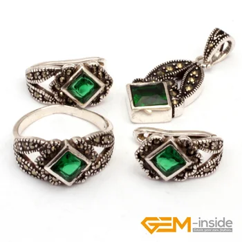 

Green Crystal Antique Tibetan Silver Ring Earrings Pendant Jewelry Sets For Party Women Fashion Christmas Birthday Present Gift