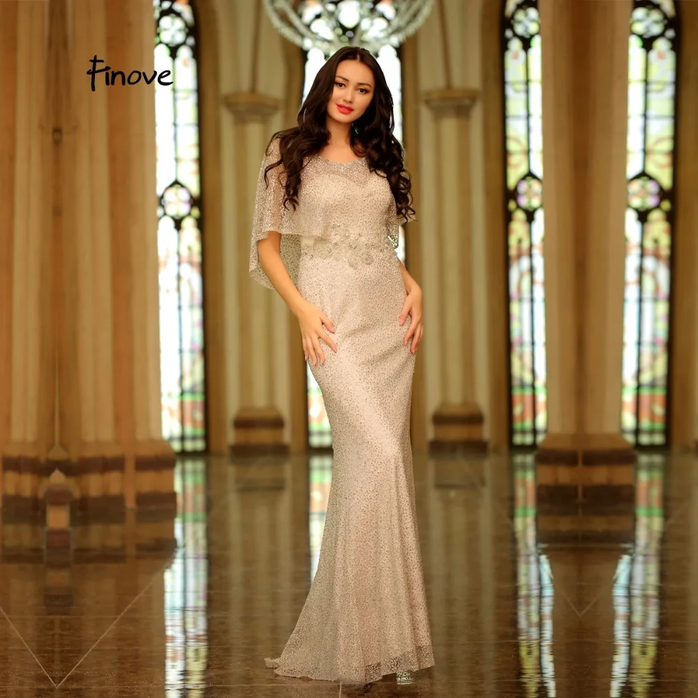 

Finove 2019 New Coming Prom Dresses Elegant Scoop Neck Cap Sleeves Floor-Length Appliques Beading Woman'Dress For Party