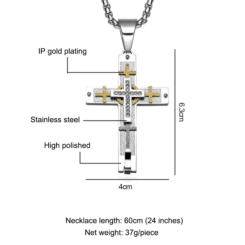 D& Z religion золотого цвета Двухслойное ожерелье с крестом из нержавеющей стали с христианским Иисусом CZ каменные подвески-кресты для мужчин ювелирные изделия