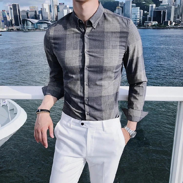 

Mens Clothes 2018 British Plaid Shirts Mens Camisa Azul Dress Casual Blusao Grey Blue Checked Shirts Gentlemen Formal Slim Fit