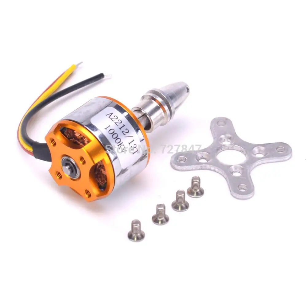 Quatre moteurs brushless A2212 1400KV pour drone RC alignés, prêts à être installés.