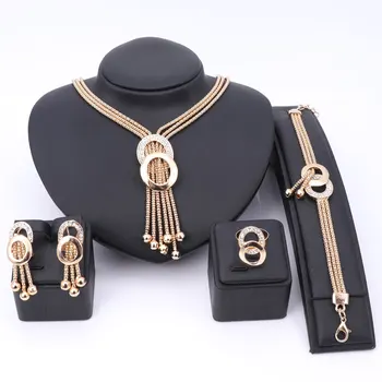 

African Jewelry Sets Women Wedding Gold Color Crystal Tassel Necklace Fashion Bridal Ring Bracelet Earrings Accessories