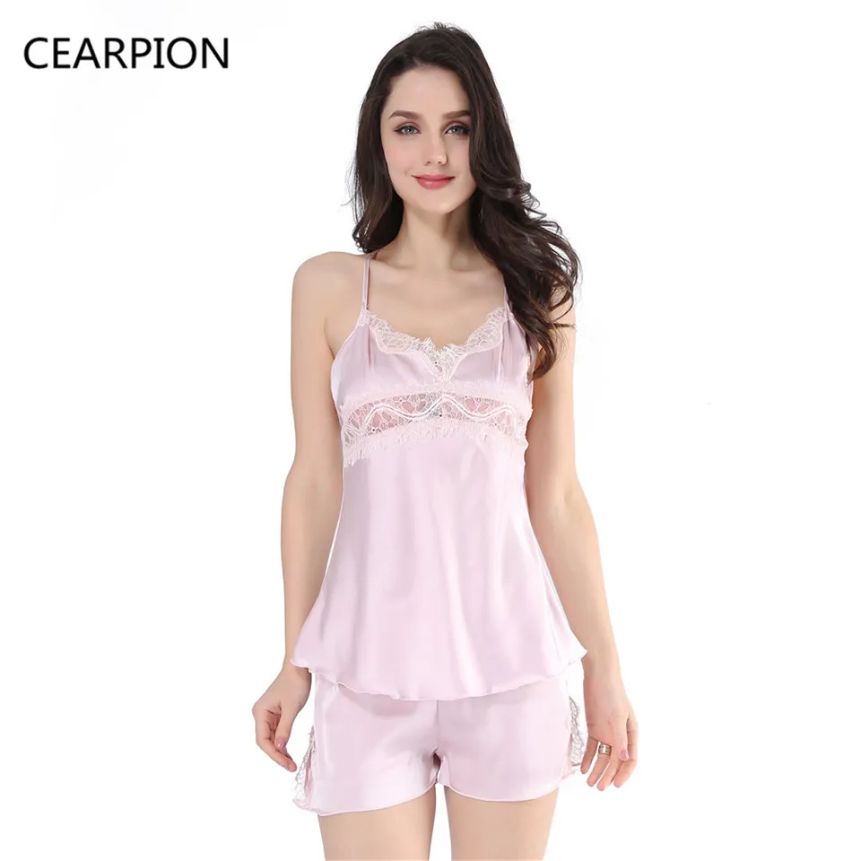 CEARPION Women Sleeping Wear Summer Sexy Pajama Sets Lace Trim Satin Spaghetti Strap Cami Top