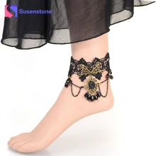Винтажный женский готический черный цветочный цветок кружева ножной браслет с цепочкой лодыжки браслеты Сандалеты Свадебные ножные кружевные браслеты бижутерия для ног