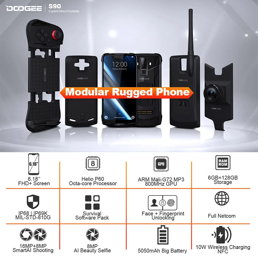 IP68/IP69K DOOGEE S90 модульный прочный мобильный телефон 6 18 дюймов дисплей 5050 мАч Helio P60
