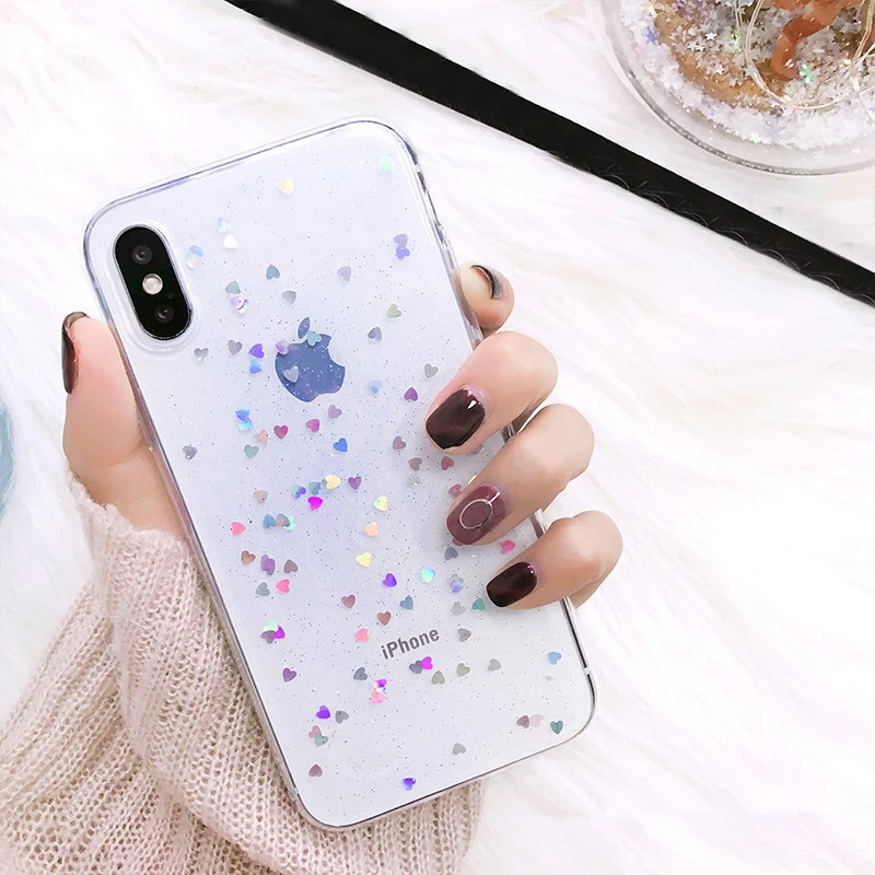 Шикарные мягкие чехол для iPhone 6 S Plus X XS Max чехлы с блестящим сердечком XR 7 8 5 5S se Coque |