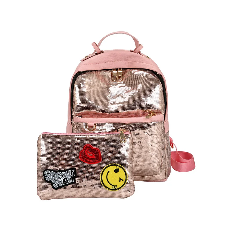 

Two Sets New Arrival Women All-match Bag PU Leather Sequins Backpack Girls Travel Princess Bling Backpacks Mochila