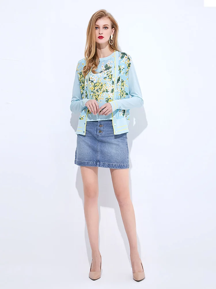 MoaaYina Spring Autumn V-neck Long sleeve Cardigans Knitting Tops Women's Elegant Floral-Print Silk Sweater Thin Coat - Цвет: Небесно-голубой