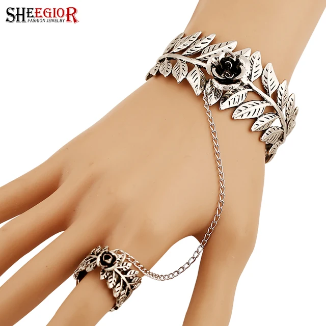 Sheegior Vintage Ethnic Silver Cuff Bracelet Hollow Leaf Rose Flower Sheegior Vintage Ethnic Silver Cuff Bracelet Hollow Leaf Rose Flower Charms Open Bracelets Bangles For Women