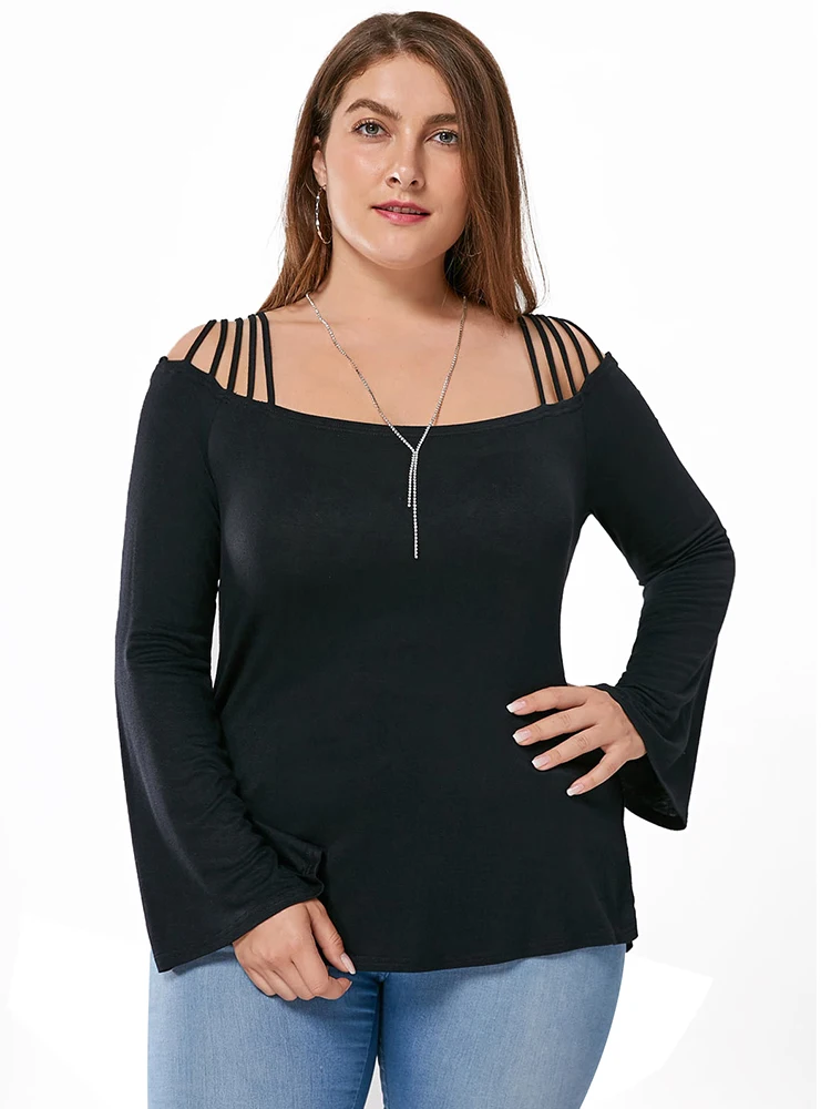 

Wipalo Fashion Women Spring Autumn Long Sleeve Cold Shoulder T Shirt Trumpet Sleeve Casual Tees Tops Plus Size 5XL Streetwear