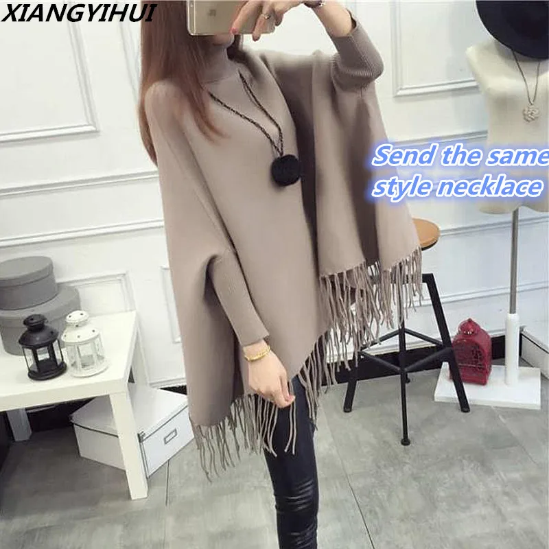 

2017 Winter Women Turtleneck Pullover Korean Fashion Plus Size Loose wool Batwing Sweater Ladies Knitted Ponchos and Capes Coat