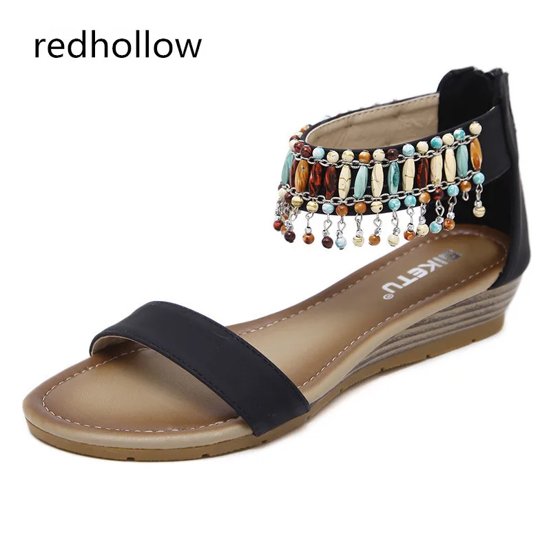 

Summer Shoes String Bead Bohemia Casual Women Shoes Zipper Flat Heel Sandals Ladies Shoes Sandalias Mujer Plus Size 35-42