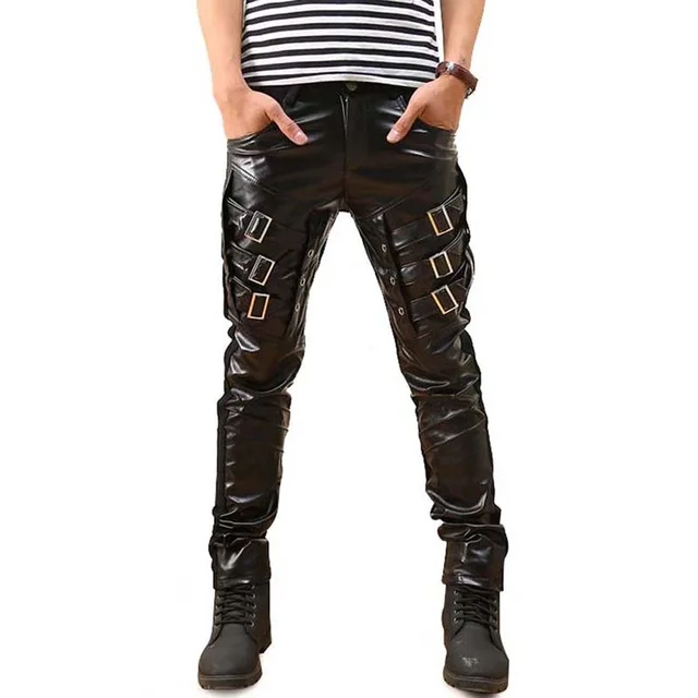 

hot sale Mens Gothic Punk Faux Leather Pants PU Buckles Hip Hop Applique Black Trousers Male Motorcycle pants Pencil pants