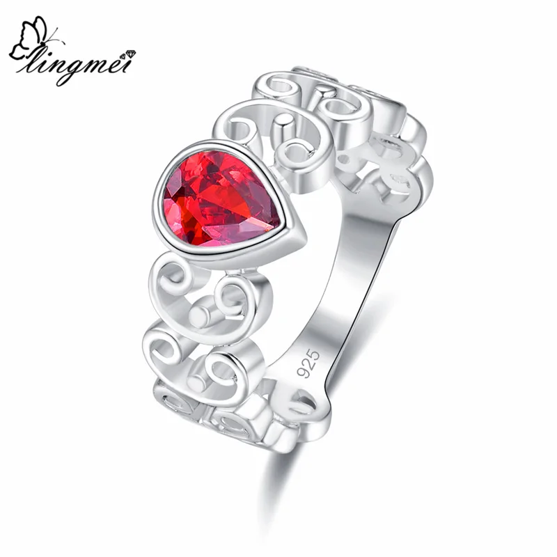 

lingmei Wholesale New Comes Pear Cut Red & Olive Green & White Zircon Silver Ring Size 6 7 8 9 For Women Fashion Jewelry Gifts