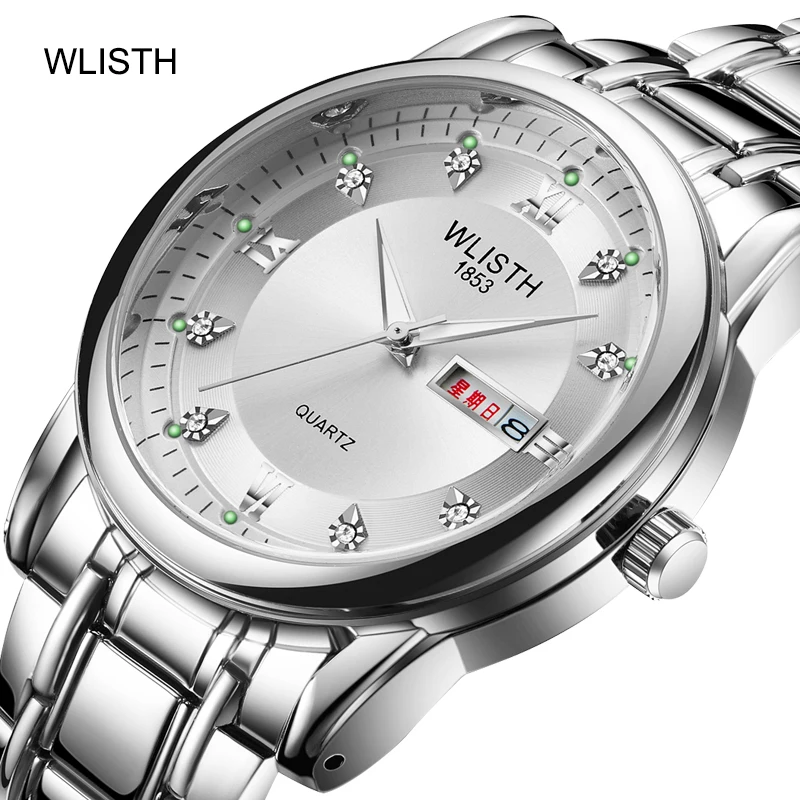 

WLISTH Men's fashion waterproof luminous week calendar display alloy steel strap double calendar quartz movement wrist watch