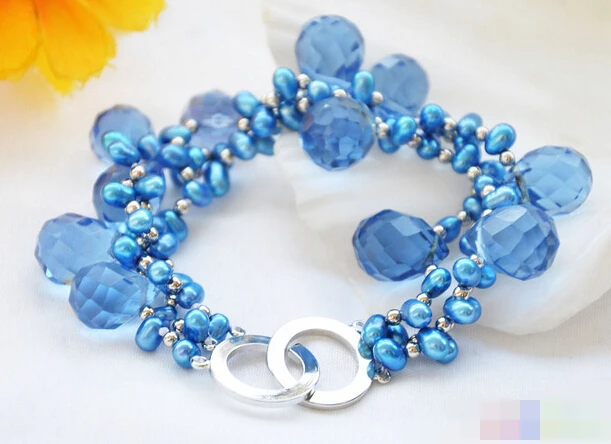 

FREE SHIPPING>>>@@ > 08731 3row blue rice pearl faceted drip crystal bracelet