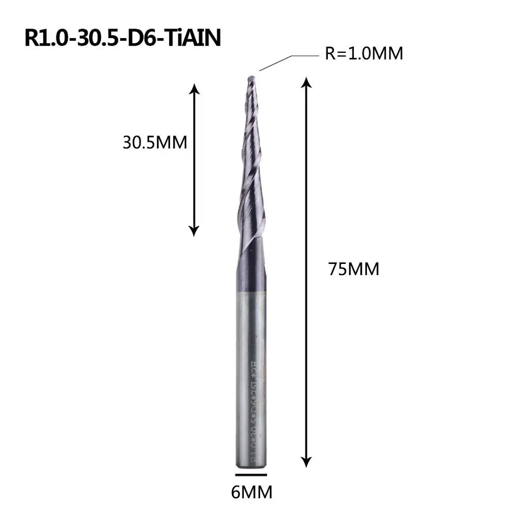Карбид вольфрама 4 мм 6 мм 8 мм конические концевые фрезы с шариковым носом Фрезы с ЧПУ конусные фрезы для дерева и металла - Длина режущей кромки: R1.0-30.5-75-D6