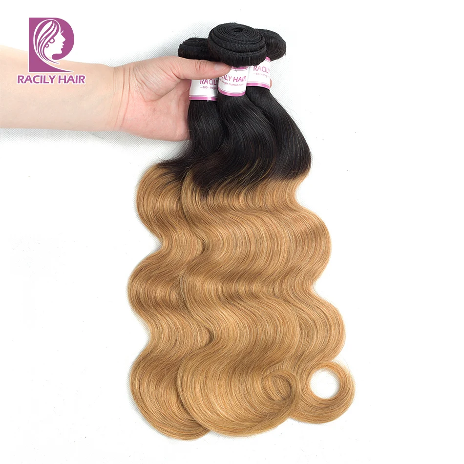 Racily Hair T1B/27 Ombre Brazilian Body Wave Hair Honey Blonde Ombre Human Hair Extensions 1/3/4 Bundles Remy Hair Weave Bundles