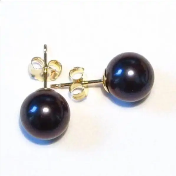 

PERFECT ROUD 10-9MM AAA SUNTH SEA BLACK PEARL EARRING 14K/20 YELLOW GOLDEN NEEDLE@