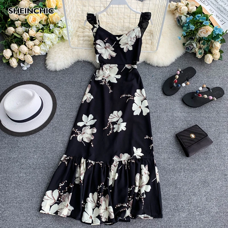 

Bohemian Summer Flower Floral Print Strap Dress Elegant V Neck Sleeveless Ruffles Maxi Dress Casual Vacation Beach Vestidos
