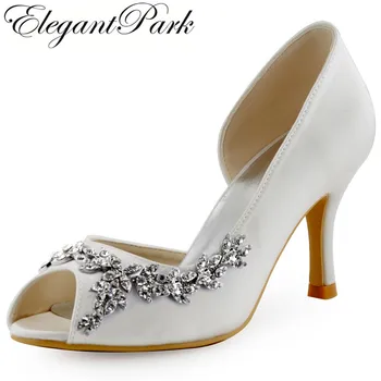 

Ivory White Shoes Woman Wedding Bridal High Heel Rhinestones Peep Toe Satin Lady Bride Prom Dress Evening Pumps Navy Blue HP1542