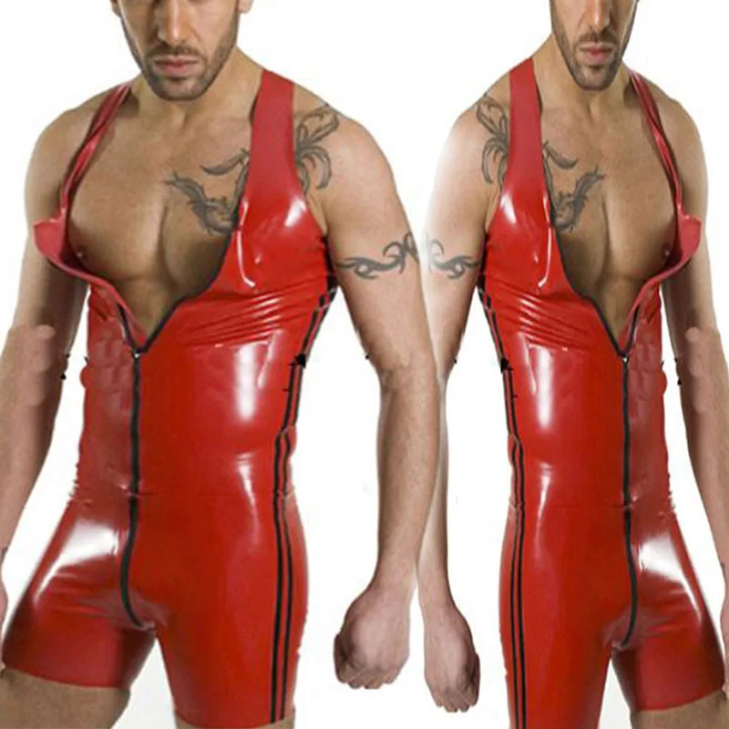 Облегающий костюм из искусственной кожи, мужской комбинезон, красный стрейч боди «pvc», сексуальное облегающее боди с открытой промежностью на молнии, эротические кожаные бандажные боксеры