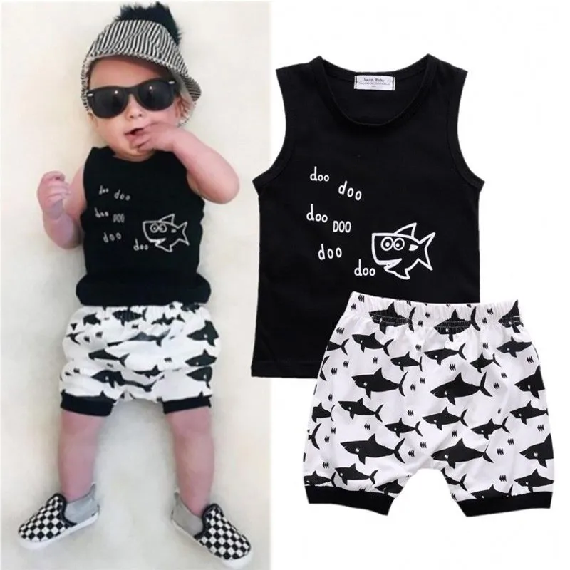 

Cartoon Shark Printing Baby Clothes Set 2016 New Arrival Fashion Hot Sale Sleeveless T-shirt And High Waist Shorts Summer Wear