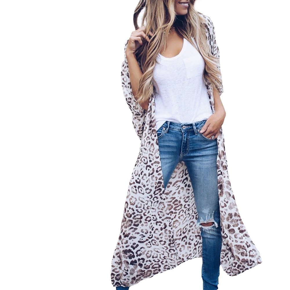 

BB&KK Women Casual Leopard print Kimono Cardigan Ladies 2018 Summer Long Crochet Kimono preto Loose printed Blouse Beach Tops