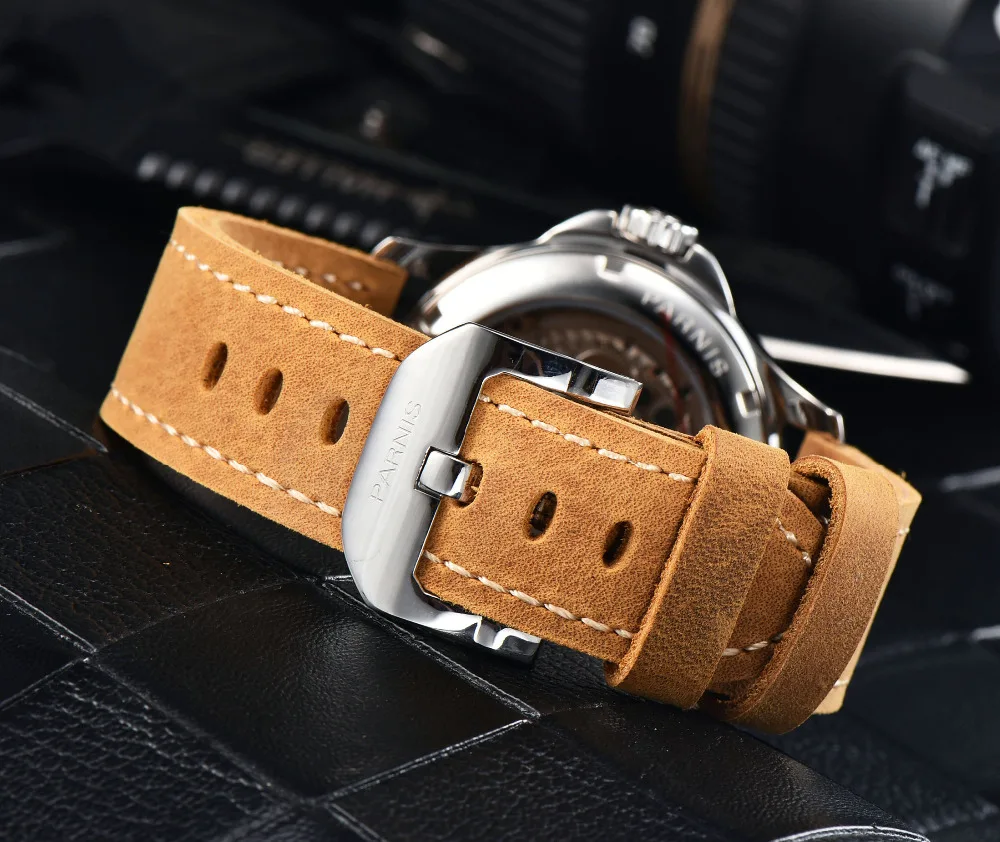 Parnis автоматические часы для мужчин 43 мм механические наручные часы запас хода Авто Дата Кожаный подарок для мужчин