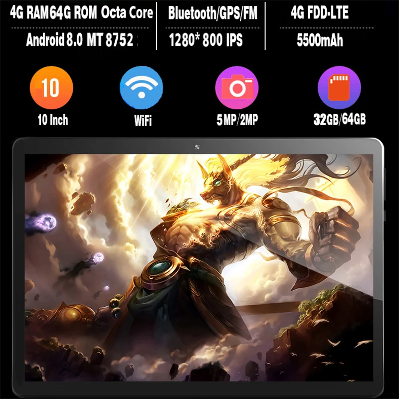 Новейшая версия 4G LTE 10 дюймов Android 8,0 планшетный ПК 4 Гб ОЗУ 32 Гб ПЗУ 1280*800 ips 5.0MP WiFi A-GPS Восьмиядерный две sim-карты+ подарки