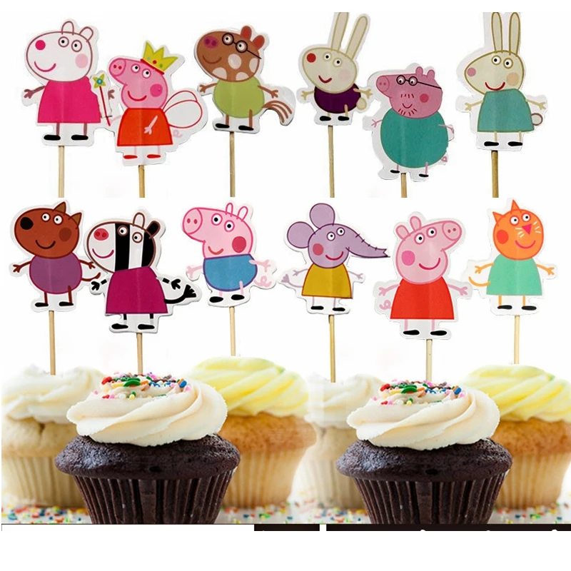 

peppa pig 12pcs/set Lovely Gift Decoration For Wedding Birthday Party Toys Cake decoration Topper With Straw Inserted Card Flags