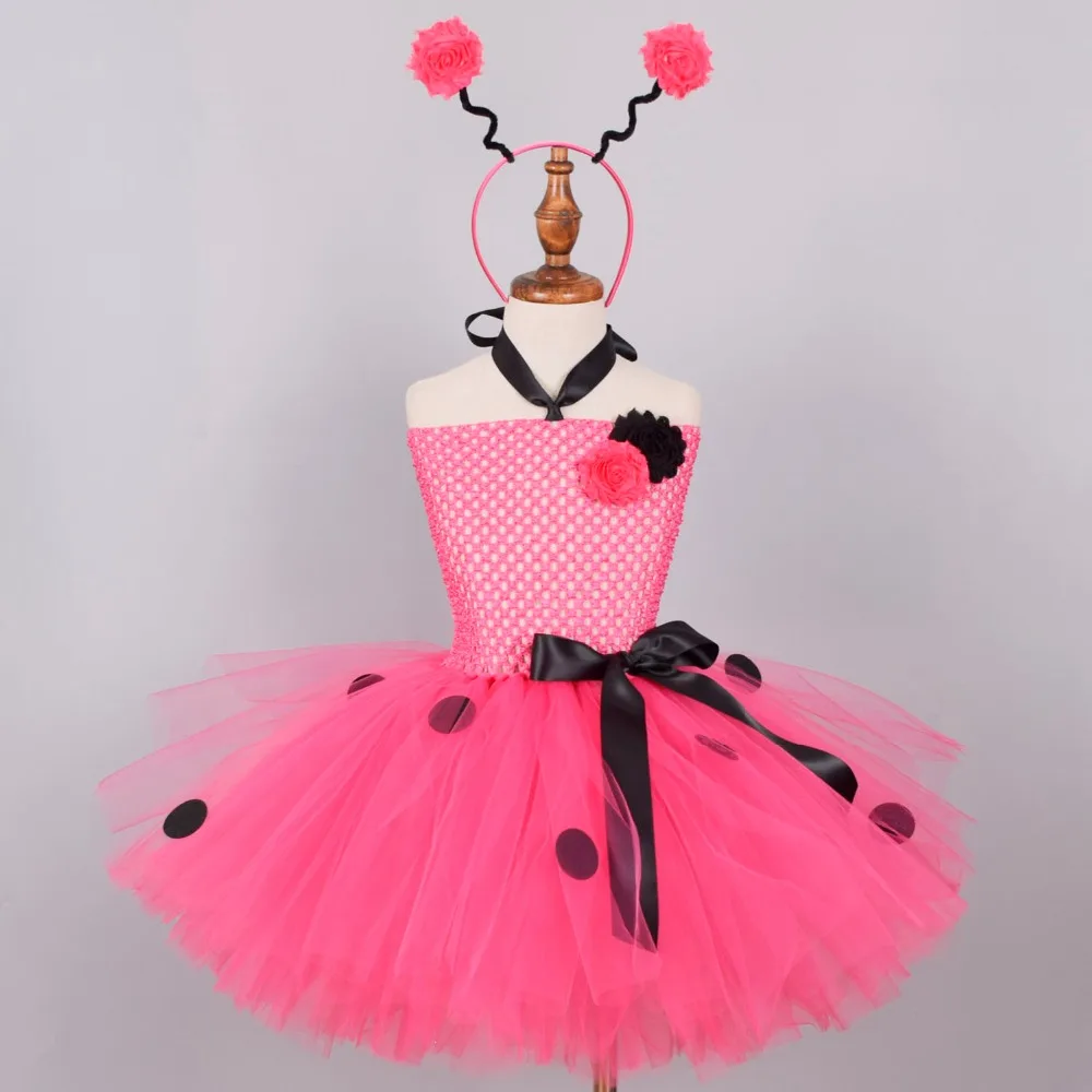 Hot Pink Ladybug Tutu Dress for Girls Baby Birthday Party Flower Dresses with Headband Outfit Kids Halloween Costume | Детская одежда и