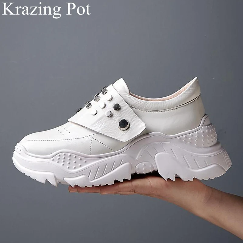 

fashion genuine leather hook loop round toe thick bottom platform white sneaker increasing casual women vulcanized shoes L06