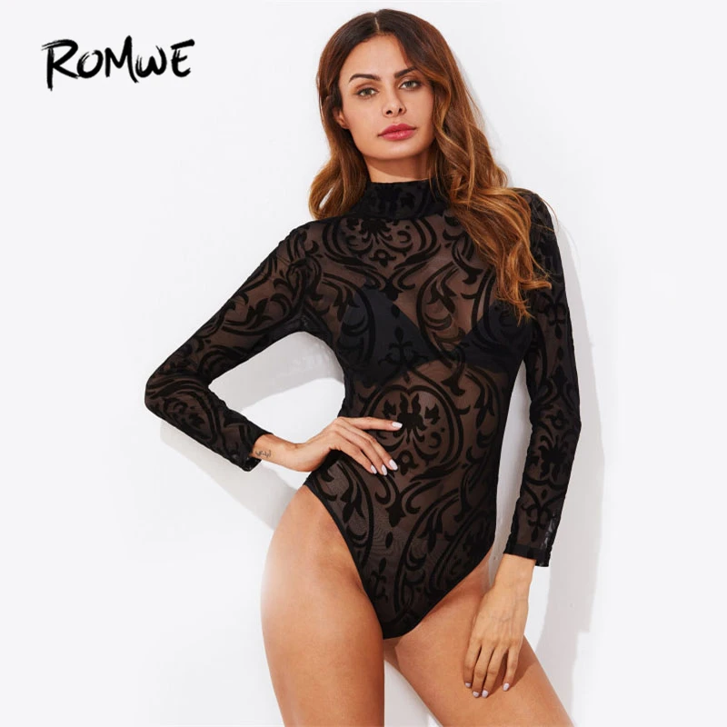 

ROMWE Mock Neck See Through Bodysuit 2019 New Design Black Long Sleeve Sexy Bodysuit Autumn Fashion Female Bodysuit