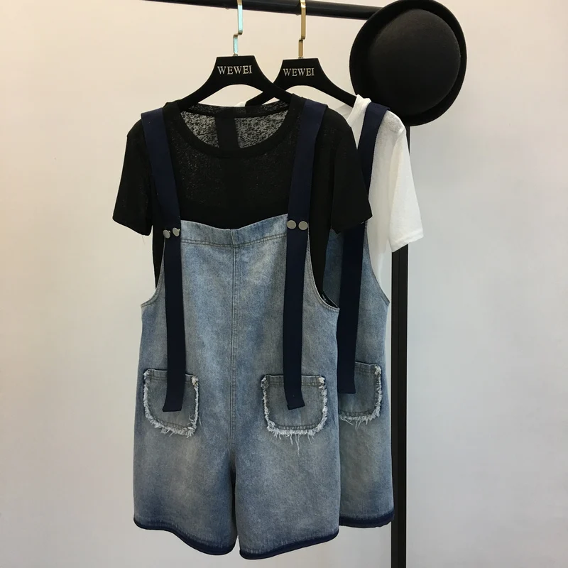 

2019 New Women Denim Shorts Overalls Fashion Female Casual Loose Slim Pockets Straps Jeans High Waist Large Size 4XL 5XL M66