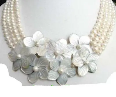 

Fast SHIPPINGJewelry 4row White pearl flower shell Necklace