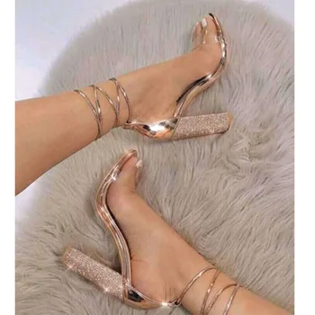

Girl Party Sexy Rhinestone Thick Heels Ankle Strap Dress Shoes Women Transparent Lace Up Bandage High Heels Dandals Shoes