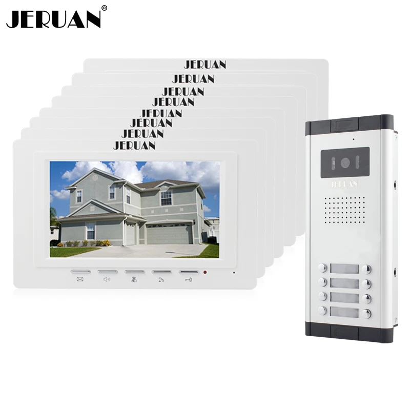 JERUAN Apartment Doorbell intercom 7 inch video door phone intercom system 8 Monitor 700TVL IR Night Vision Camera for 8 house