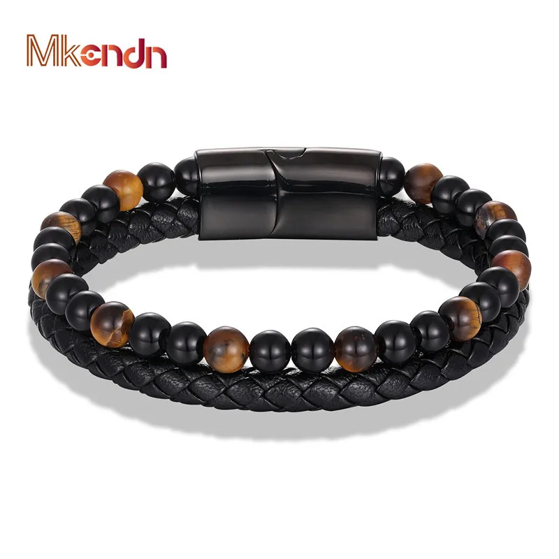 

MKENDN New 6MM Tiger Eyes Stone Bracelets Handmade Woven Multilayer Leather Bracelets Magnetic Buckle Bangle Male Jewelry