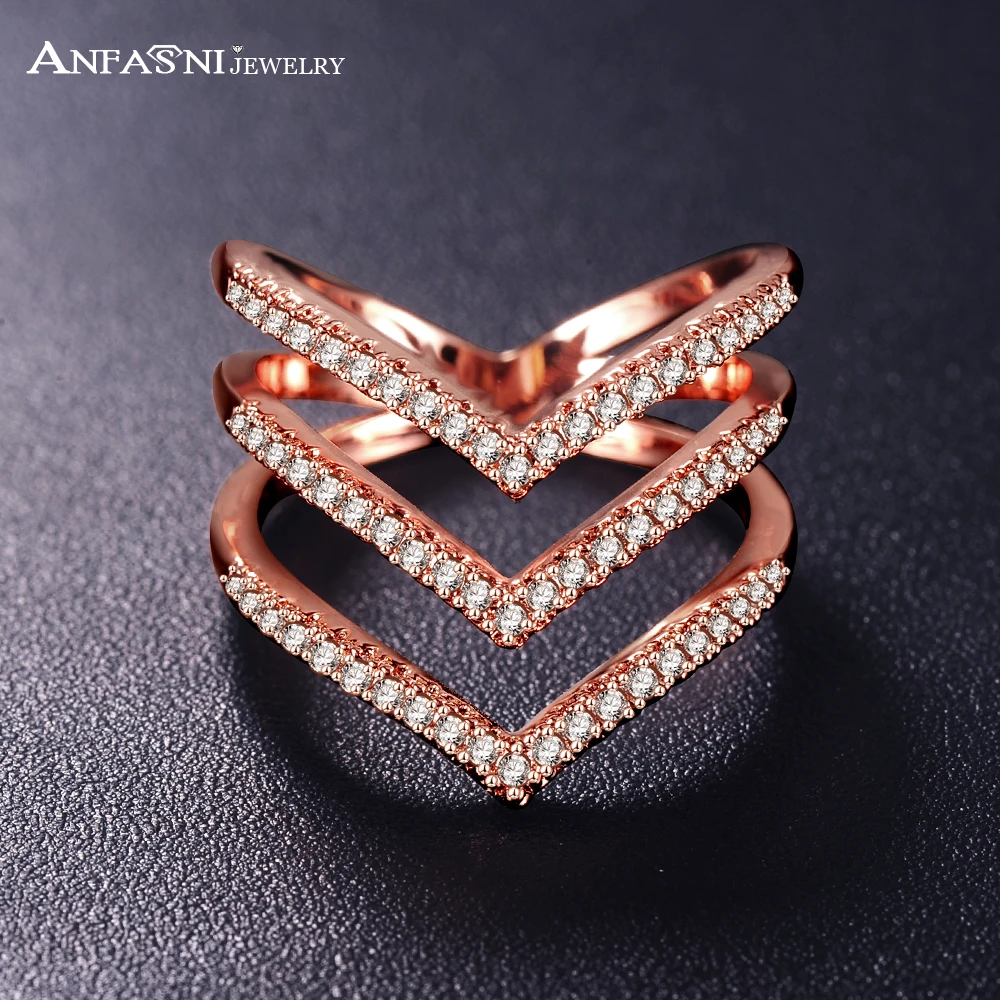 

ANFASNI Fashion New Women Rings Rose Golden Color Micro Pave CZ Stone Three V Shape Ring Fashion Jewelry for Women CRI1034