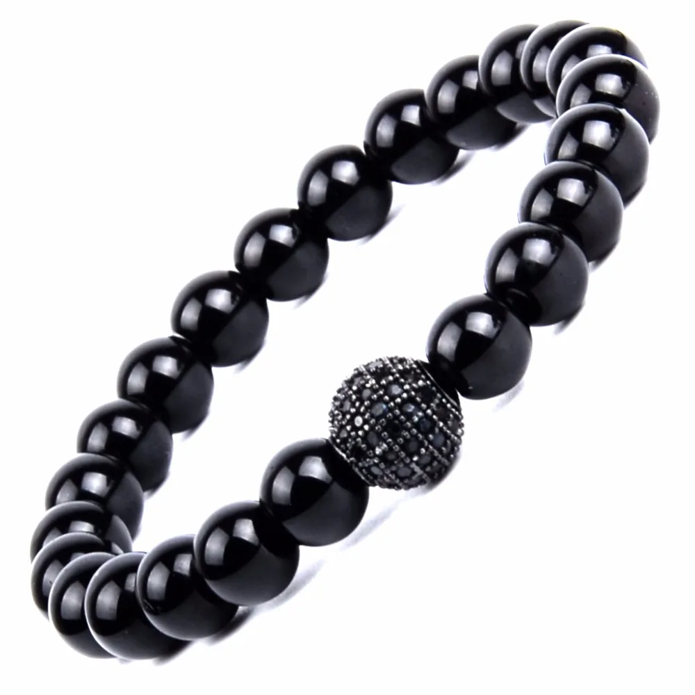 

Fashion Beaded Bracelets Men 8mm Natural Black Agates Strand Bracelets Black Pave CZ Ball Charm Bracelets for Women Jewellry