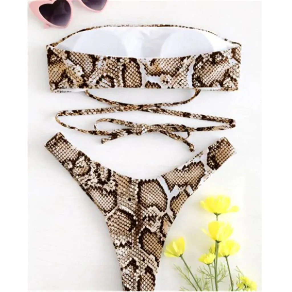 Swimsuit Women Snake Skin Pattern Bandage Bikini Set Polyester Brazilian Swimwear Beachwear Summer Women Bikini 2019 mujer