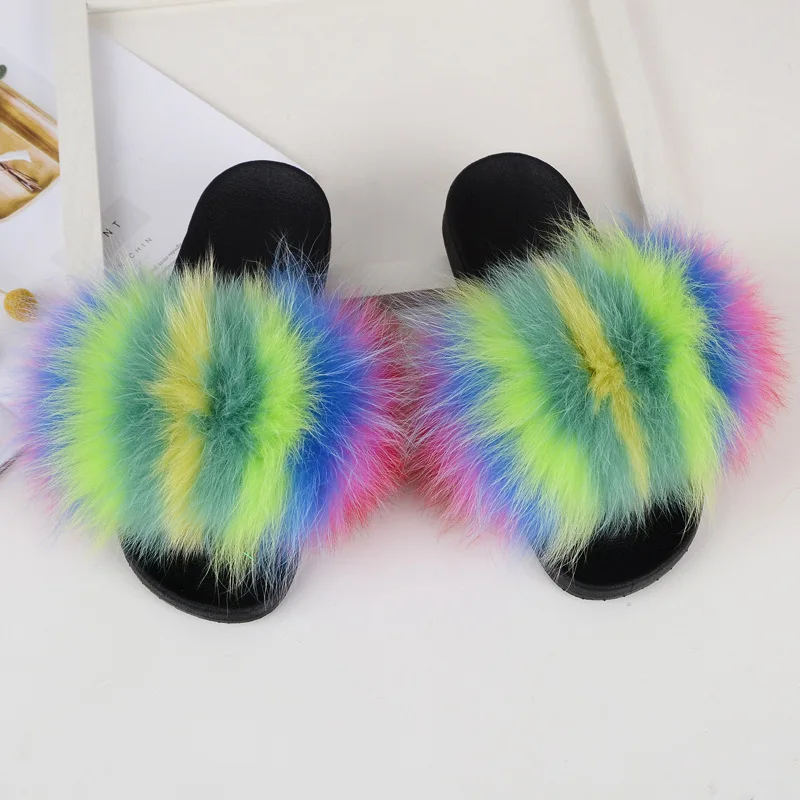 New Mixed Color Real Fox Fur Slippers Slides Casual Shoes Fluffy Slippers Flip Flops Furry Shoes Women