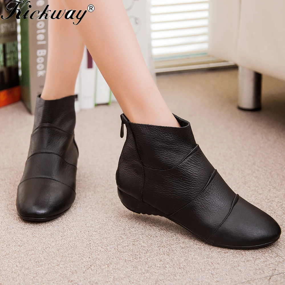 Г. Модные женские ботильоны, обувь из натуральной кожи женская обувь черного цвета для мам мягкая нескользящая обувь на плоской подошве с круглым носком, большой размер 44