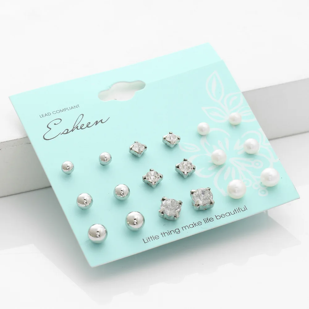 

New 9 Pairs/set Crystal Simulated Pearl Stud Earrings Piercing Gold Color Fashion Earrings For Women Bijoux Jewelry Brincos Lot